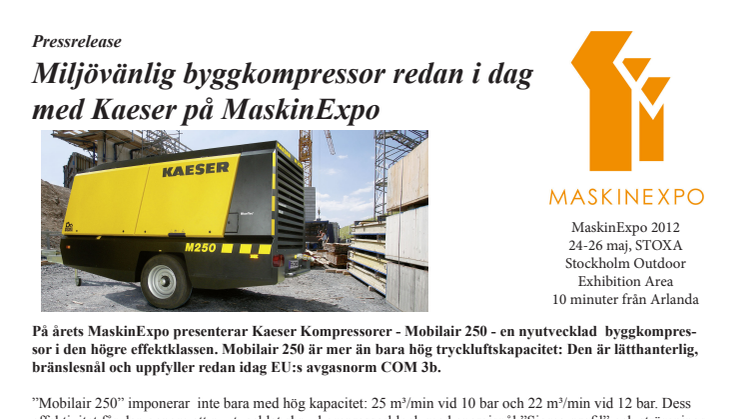 Miljövänlig byggkompressor redan i dag med Kaeser på MaskinExpo
