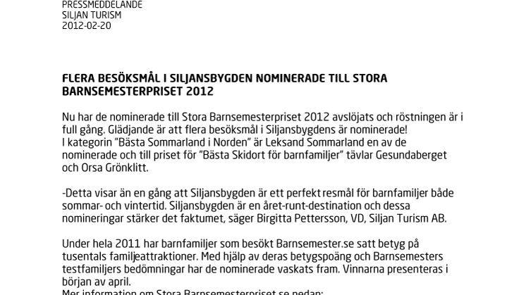 Flera besöksmål i Siljansbygden nominerade till Stora Barnsemesterpriset 2012