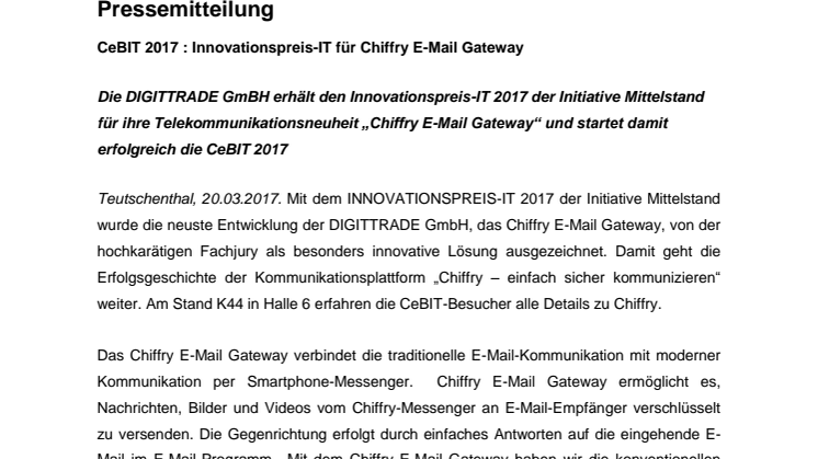 CeBIT 2017 : Innovationspreis-IT für Chiffry E-Mail Gateway