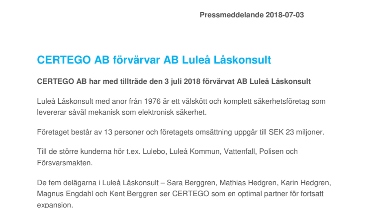 CERTEGO AB förvärvar AB Luleå Låskonsult