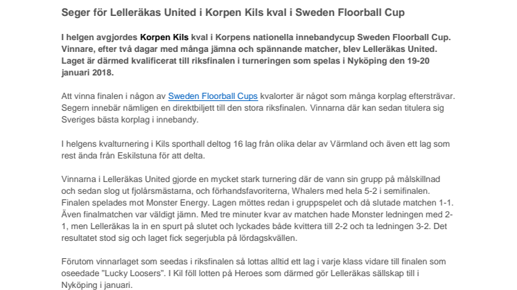Seger för Lelleräkas United i Korpen Kils kval i Sweden Floorball Cup