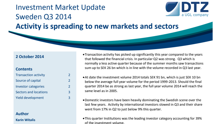 DTZ Investment Market Update Sweden Q3 2014