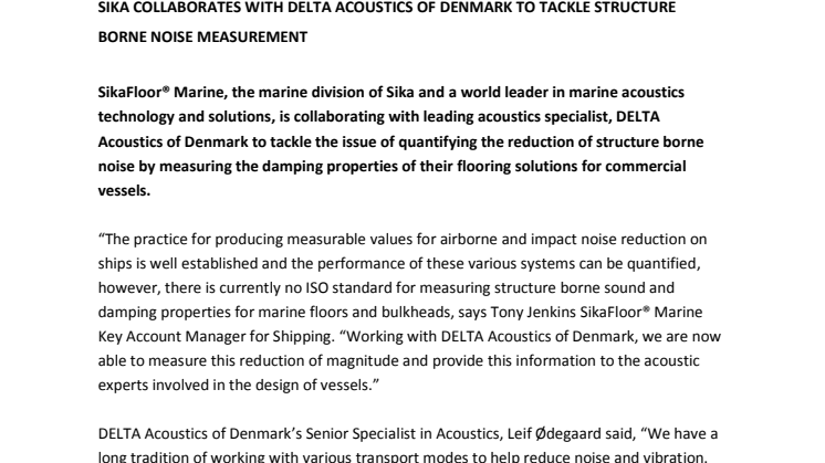 Sika UK: Sika Collaborates with Delta Acoustics of Denmark to Tackle Structure Borne Noise Measurement