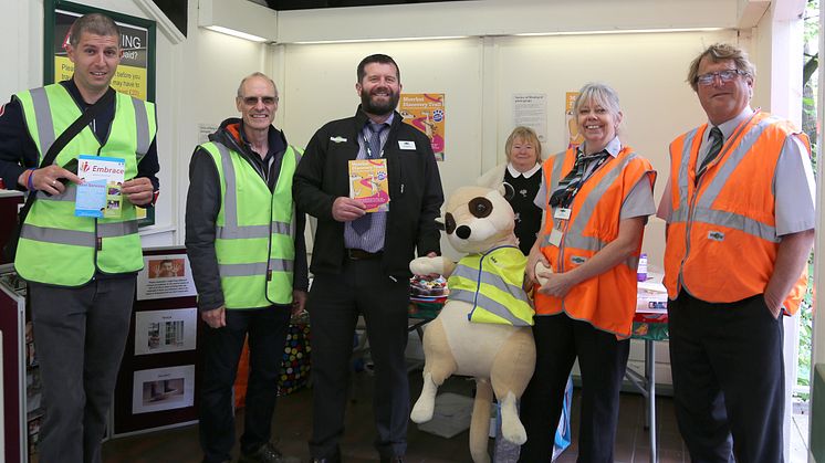Southern Station Manager Andy Gardner and station staff Michael Litchfield and Su Rogers host Piers the Meerkat, joined by volunteers from the charity Embrace