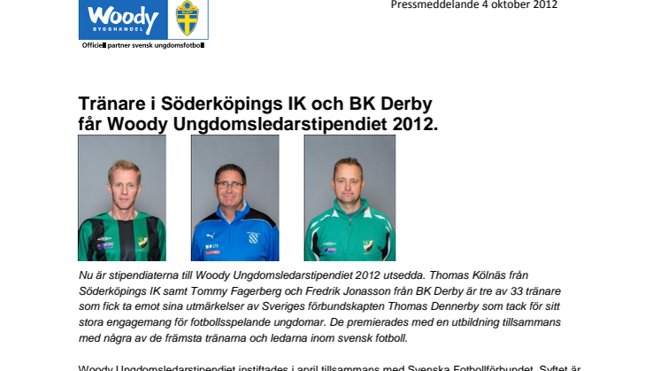 Tränare i BK Derby och Söderköpings IK får Woody Ungdomsledarstipendiet 2012 