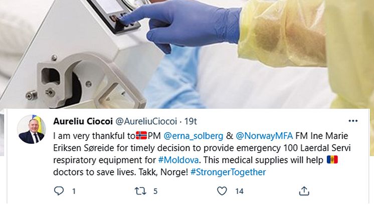 Regjeringen har denne uken annonsert at Norge donerer 300 nødventilatorer til Moldova, Kosovo og Nord-Makedonia. Hvert av de tre landene vil motta 100 enheter, som blir sendt i løpet av kort tid. 