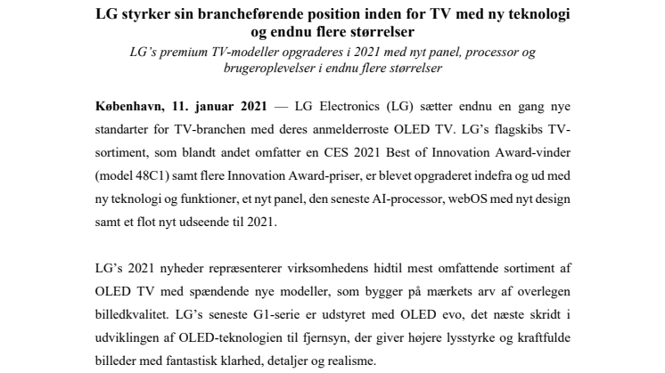 LG styrker sin brancheførende position inden for TV med ny teknologi og endnu flere størrelser