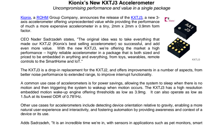 Kionix’s New KXTJ3 Accelerometer --- Uncompromising performance and value in a single package 