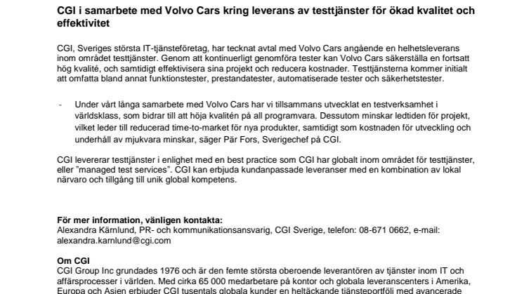 CGI i samarbete med Volvo Cars kring leverans av testtjänster för ökad kvalitet och effektivitet
