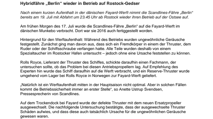 Hybridfähre „Berlin“ wieder in Betrieb auf Rostock-Gedser