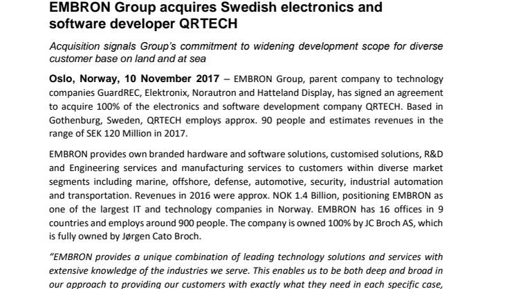 Hatteland Display: EMBRON Group acquires Swedish electronics and software developer QRTECH