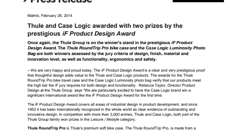 Thule and Case Logic awarded with two prizes by the prestigious iF Product Design Award