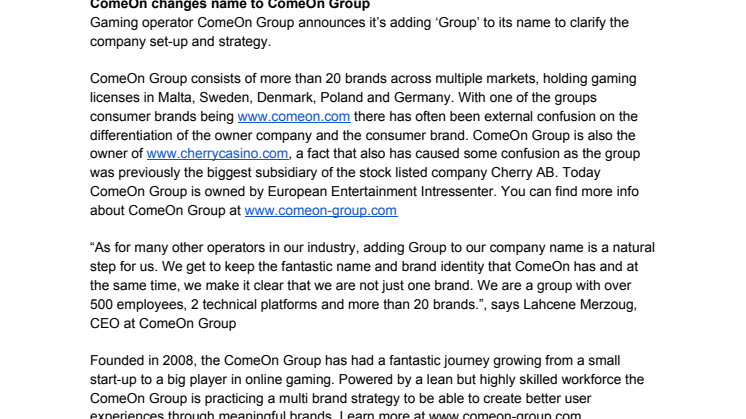 ComeOn changes name to ComeOn Group