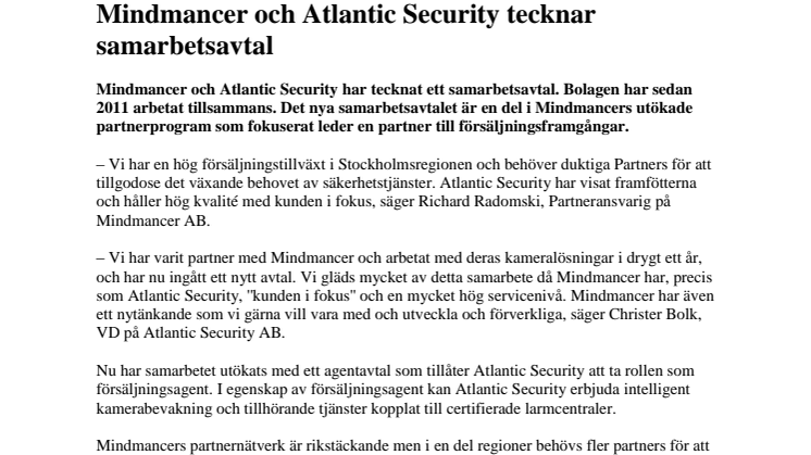 Mindmancer och Atlantic Security tecknar samarbetsavtal	