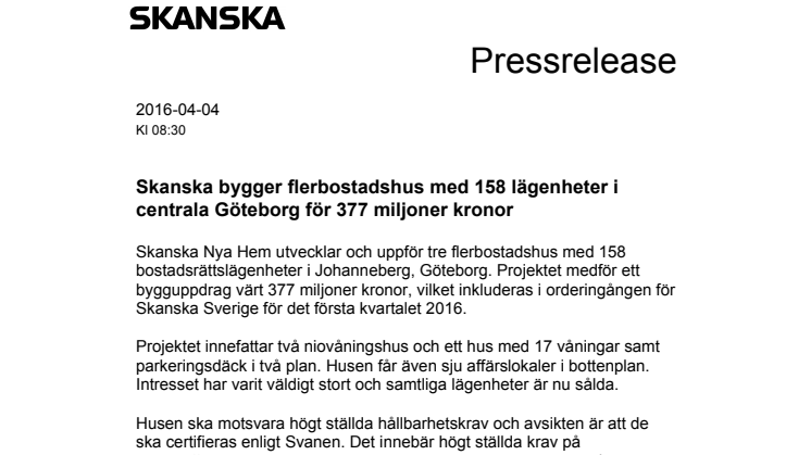 Skanska bygger flerbostadshus med 158 lägenheter i centrala Göteborg för 377 miljoner kronor