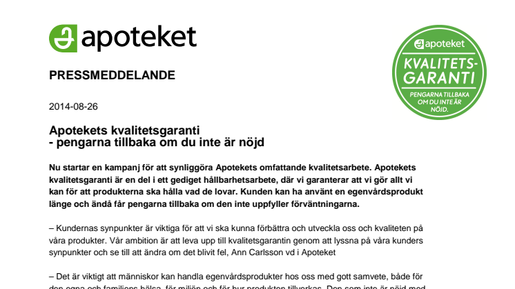 Apotekets kvalitetsgaranti  - pengarna tillbaka om du inte är nöjd