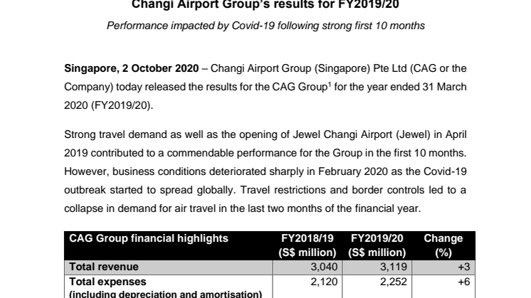 Changi Airport Group’s results for FY2019/20