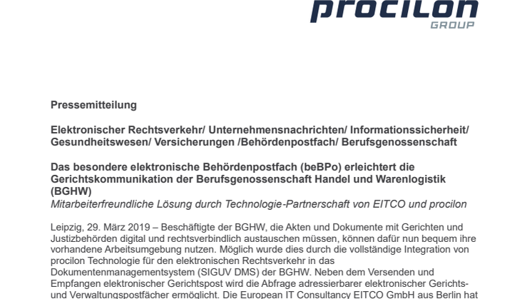 Das besondere elektronische Behördenpostfach (beBPo) erleichtert die Gerichtskommunikation der Berufsgenossenschaft Handel und Warenlogistik (BGHW)