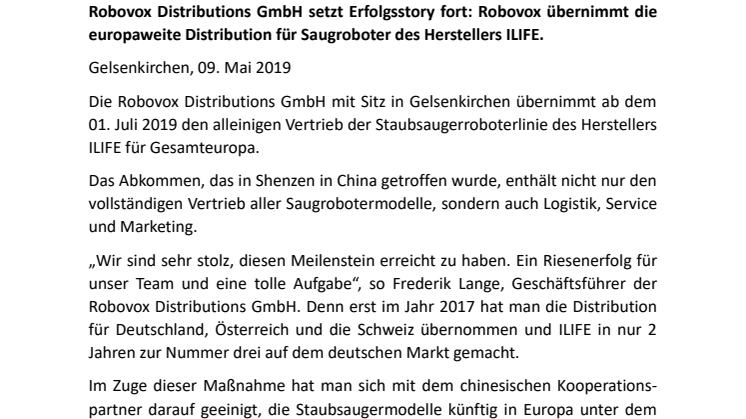 Robovox Distributions GmbH setzt Erfolgsstory fort: Robovox übernimmt die europaweite Distribution für Saugroboter des Herstellers ILIFE.