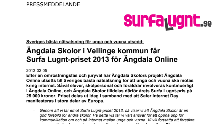 Ängdala Skolor i Vellinge kommun får  Surfa Lugnt-priset 2013 