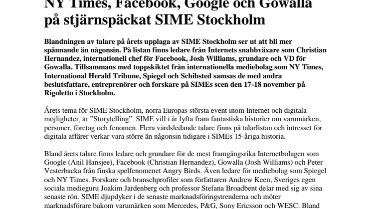  NY Times, Facebook, Google och Gowalla på stjärnspäckat SIME Stockholm 17-18 November