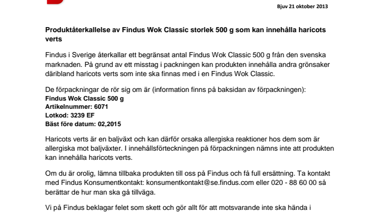 Produktåterkallelse av Findus Wok Classic storlek 500 g som kan innehålla haricots verts