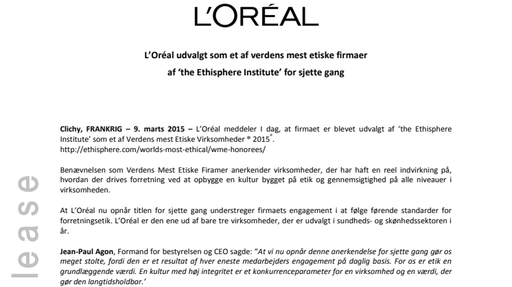 L'Oréal et af Verdens Mest Etiske Firmaer: udvalgt for sjette gang af The Ethisphere Institute