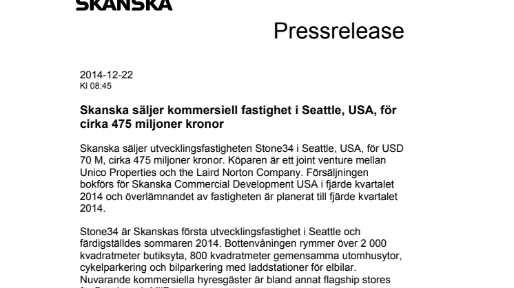 Skanska säljer kommersiell fastighet i Seattle, USA, för cirka 475 miljoner kronor