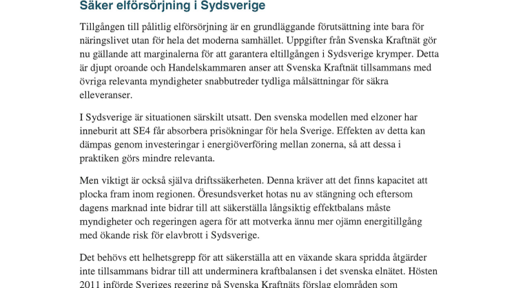Brev till Svenska Kraftnät angående säker elförsörjning i Sydsverige
