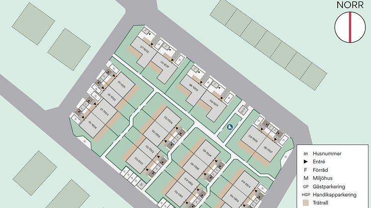 Kvartersskiss som visar hur bostäderna placeras i förhållande till gator och grönområden. 