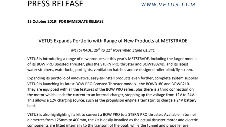 VETUS Expands Portfolio with Range of New Products at METSTRADE