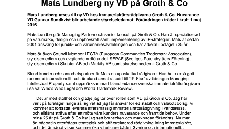 Mats Lundberg ny VD på Groth & Co