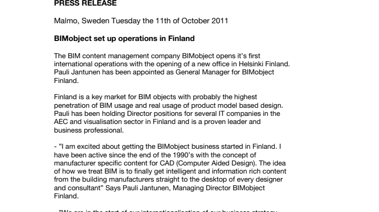 BIMobject set up operations in Finland