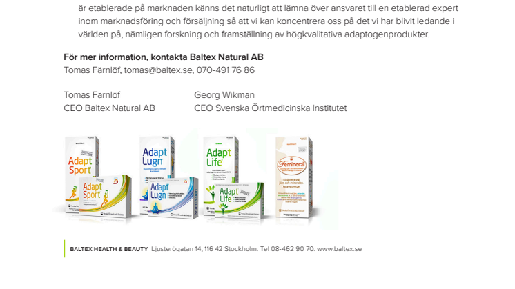 Baltex tar över försäljningen av Örtmedicinskas Adapt-serie och Femineral.