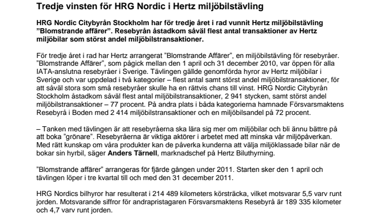 Tredje vinsten för HRG Nordic i Hertz miljöbilstävling