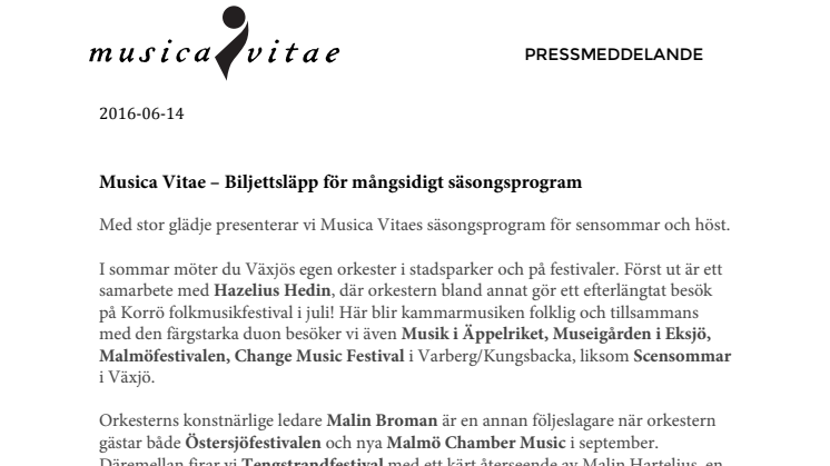 ​Musica Vitae – Biljettsläpp för mångsidigt säsongsprogram