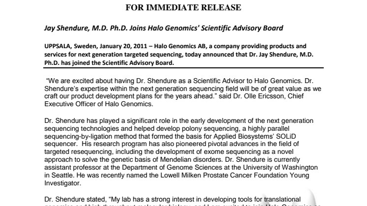 Jay Shendure, M.D. Ph.D. Joins Halo Genomics' Scientific Advisory Board