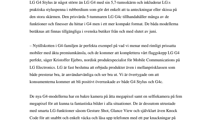 LG G4 STYLUS OCH LG G4C GÖR DEBUT PÅ DEN SVENSKA MARKNADEN 