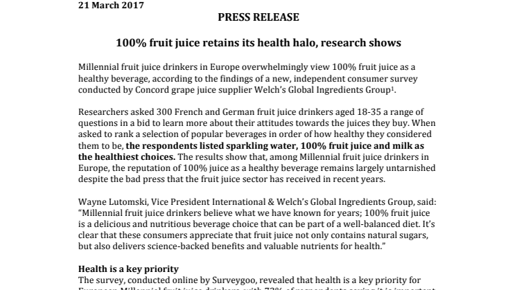 PRESS RELEASE – 100% fruit juice retains its health halo, research shows