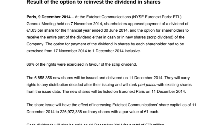 Result of the option to reinvest the dividend in shares