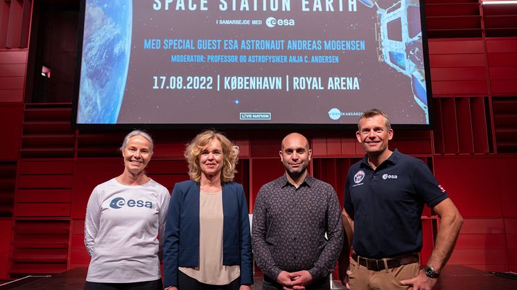 Pressemøde den 14. juni på SPACE STATION EARTH showet. Fra højre: ESA-astronaut Andreas Mogensen, komponist Ilan Eshkeri, Direktør i Videnskabsår22 Anja C. Andersen og ESA-repræsentant Rosita Suenson 