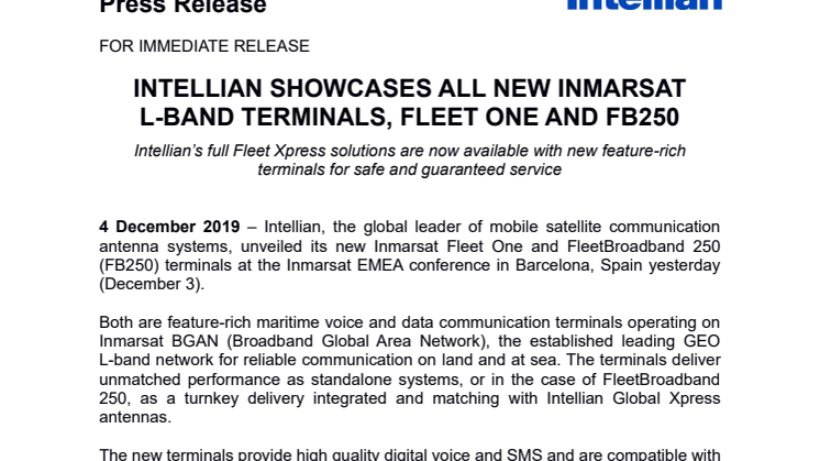 INTELLIAN SHOWCASES ALL NEW INMARSAT L BAND TERMINALS, FLEET ONE AND FB250