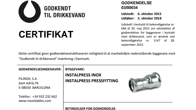 CERTIFIKAT - Godkendt til drikkevand -Fittings