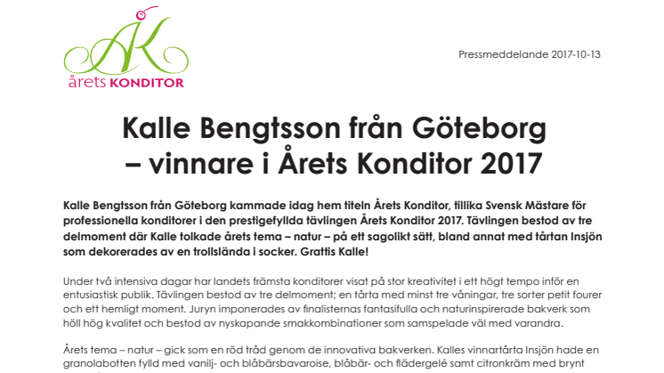 Kalle Bengtsson från Göteborg – vinnare i Årets Konditor 2017