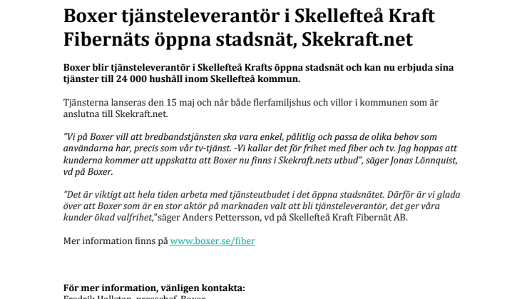 Boxer tjänsteleverantör i Skellefteå Kraft Fibernäts öppna stadsnät, Skekraft.net