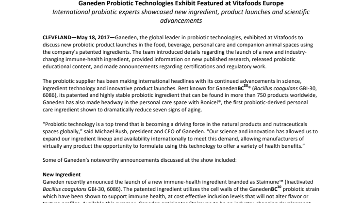 Press release – Ganeden Probiotic Technologies Exhibit Featured at Vitafoods Europe