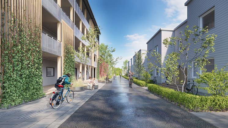 Visionsbild av de kommande BoKlok-kvarteren på Drottninghög i Helsingborg. T.v. flerfamiljshus med lägenheter och t.h. radhus. Observera att avvikelser kan förekomma i slutgiltig bebyggelse. 