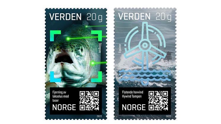 HYLLER INOVASJON: Fjerning av lakselus med laser og flytende havvindsprosjekt er blitt avbildet på frimerkene som lanseres 1. oktober. FOTO: Posten Norge