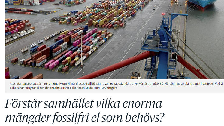 Svensk Sjöfart i GP Debatt: ”Förstår samhället vilka enorma mängder fossilfri el som behövs?”