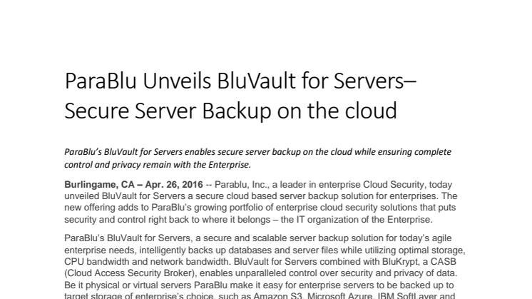 ParaBlu Unveils BluVault for Servers– Secure Server Backup on the cloud